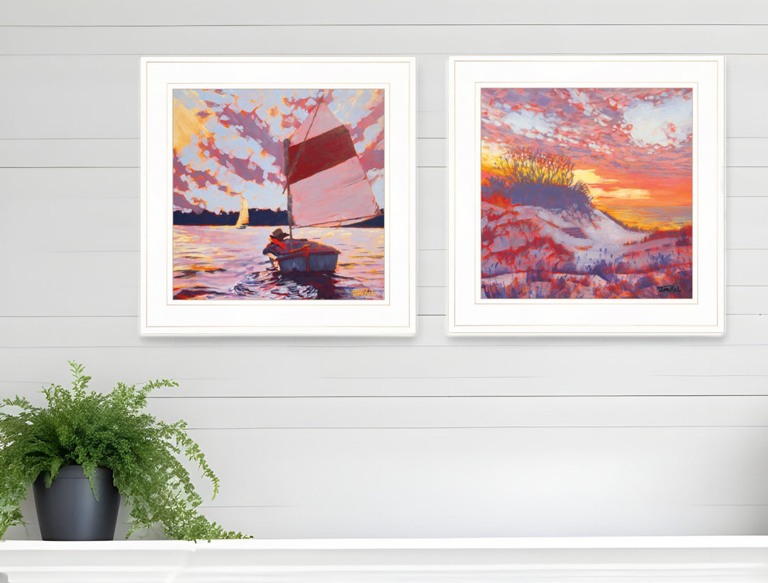 Set Of Two Jones Beach and Sailboat 2 White Framed Print Wall Art