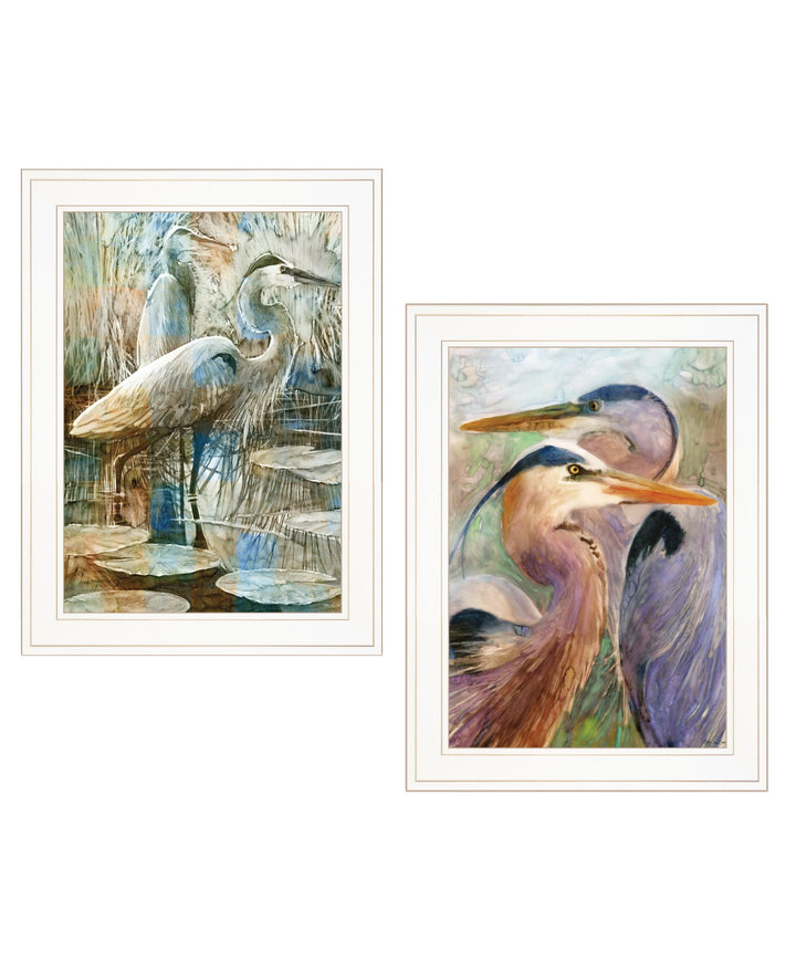 Set Of Two Blue Heron Duet White Framed Print Wall Art