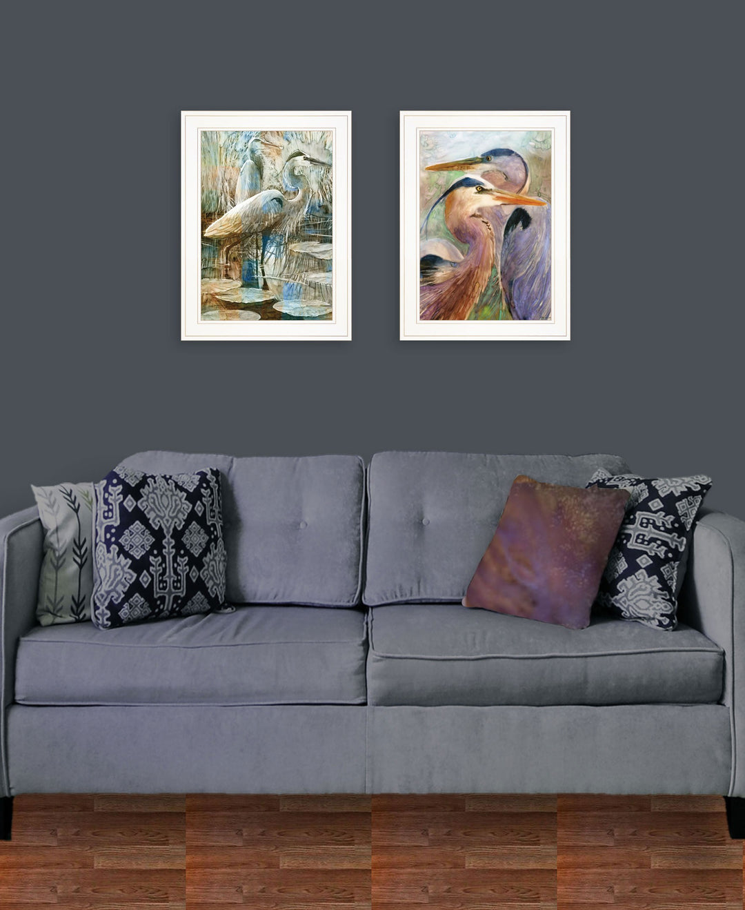 Set Of Two Blue Heron Duet White Framed Print Wall Art