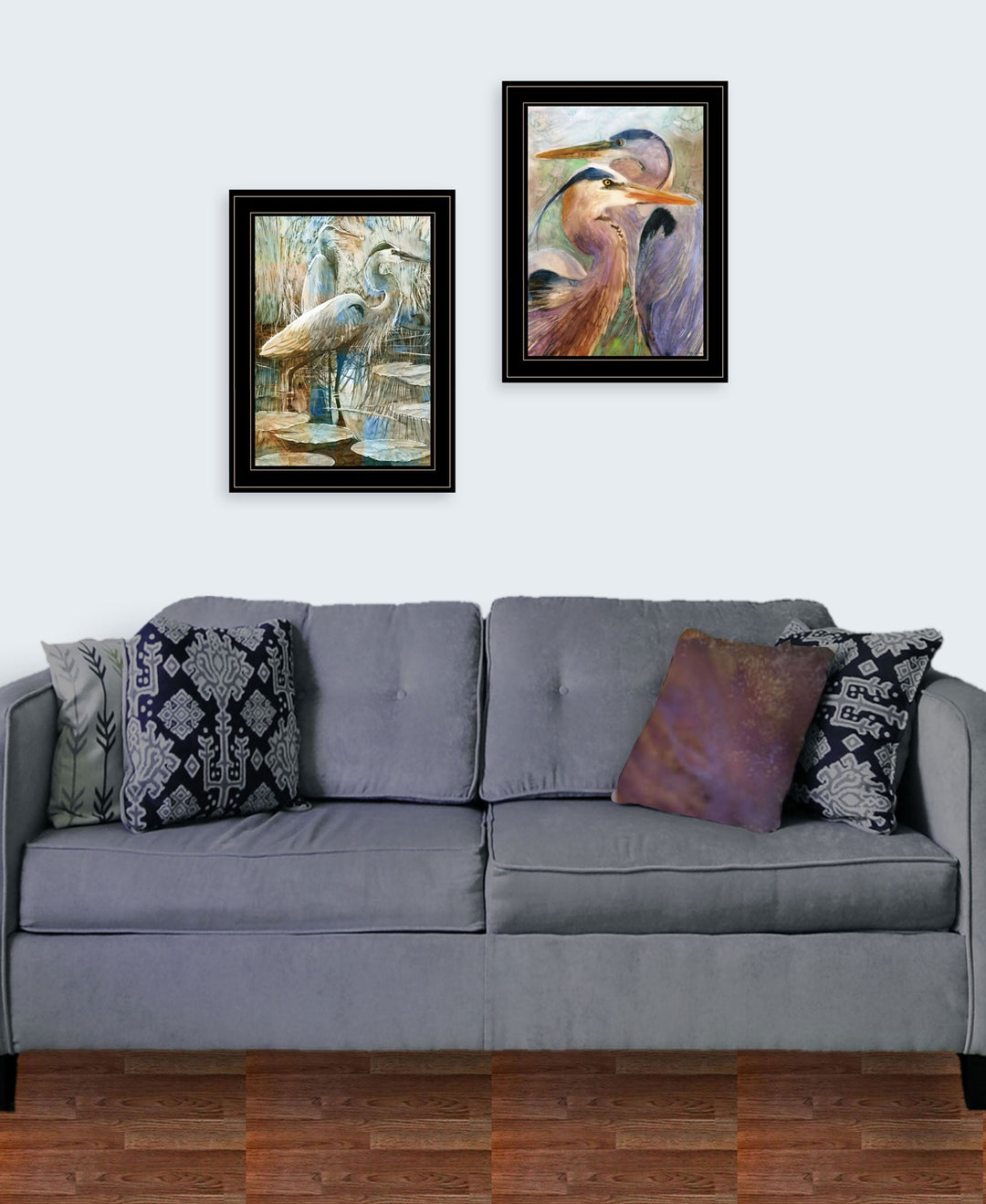 Set Of Two Blue Heron Duet Black Framed Print Wall Art