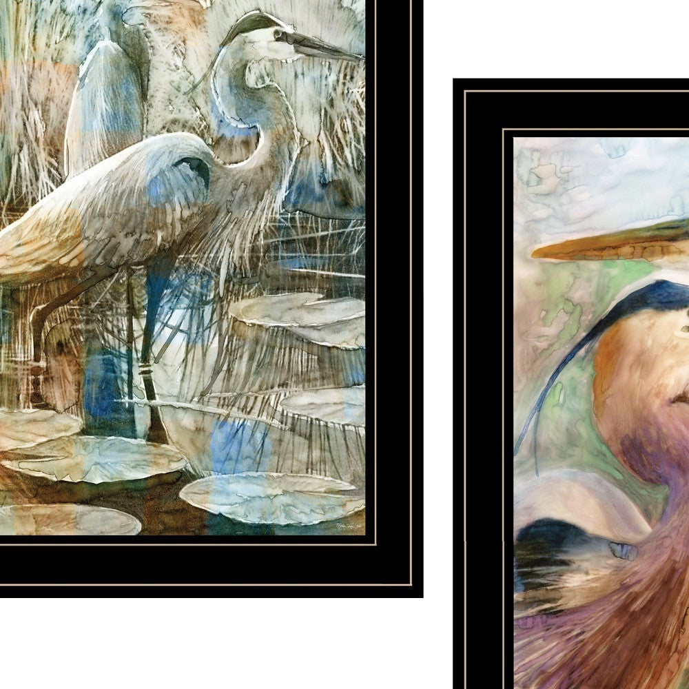 Set Of Two Blue Heron Duet Black Framed Print Wall Art