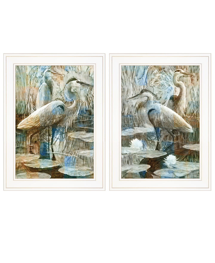 Set Of Two Marsh Herons I and Sea II White Framed Print Wall Art