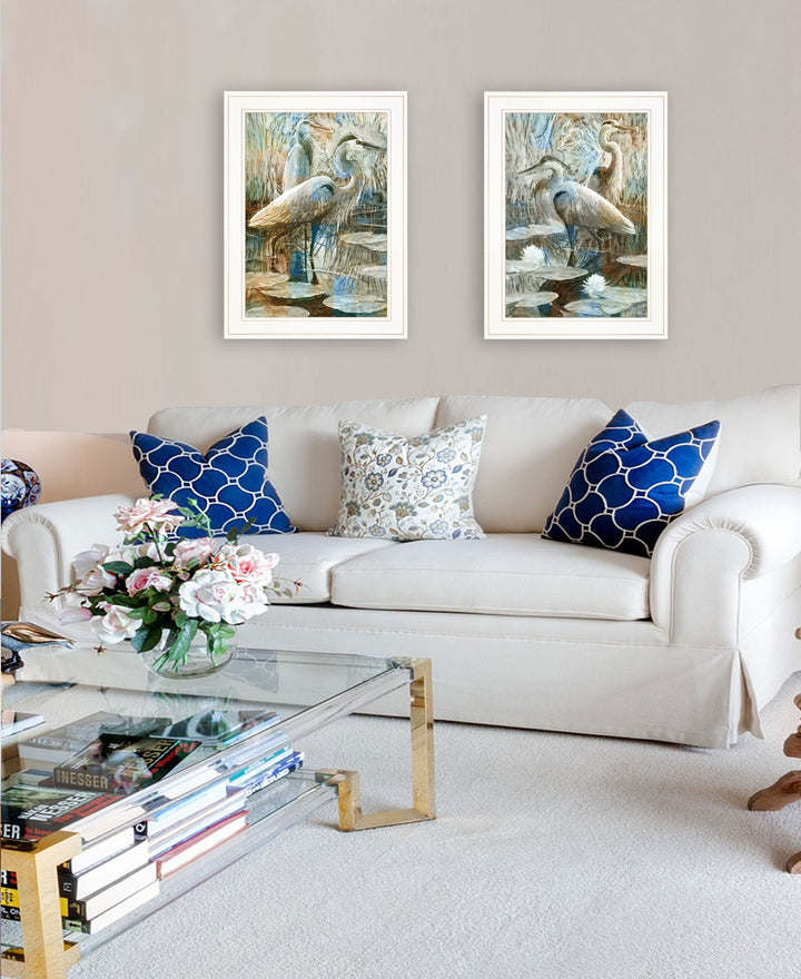 Set Of Two Marsh Herons I and Sea II White Framed Print Wall Art