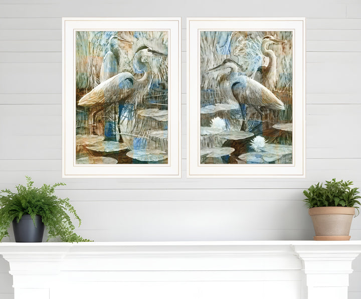 Set Of Two Marsh Herons I and Sea II White Framed Print Wall Art