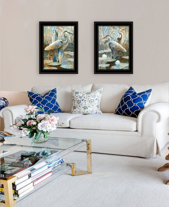 Set Of Two Marsh Herons I and Sea II Black Framed Print Wall Art