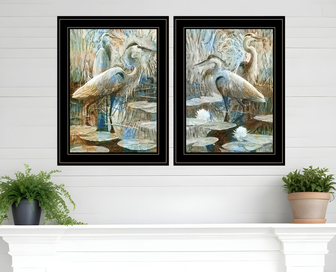 Set Of Two Marsh Herons I and Sea II Black Framed Print Wall Art