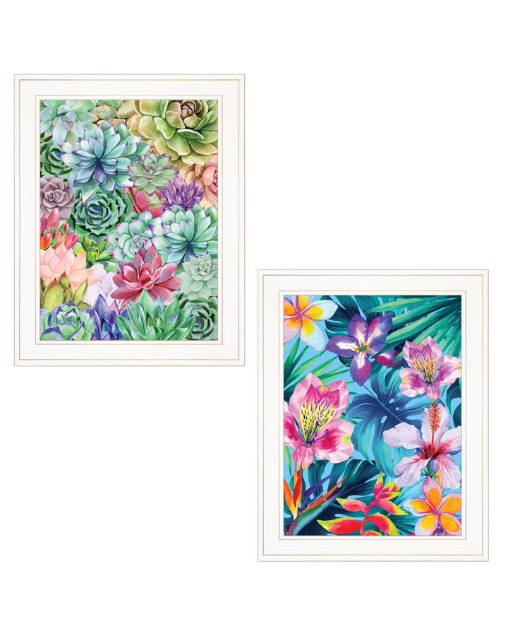 Set Of Two Succulents Paradise and Tropical Flowers White Framed Print Wall Art