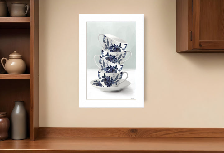 Tea Tower Blue 1 White Framed Print Kitchen Wall Art