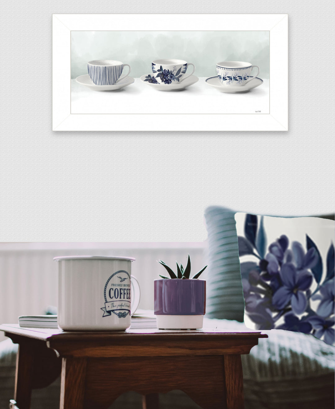 Cups and Saucers 1 White Framed Print Wall Art