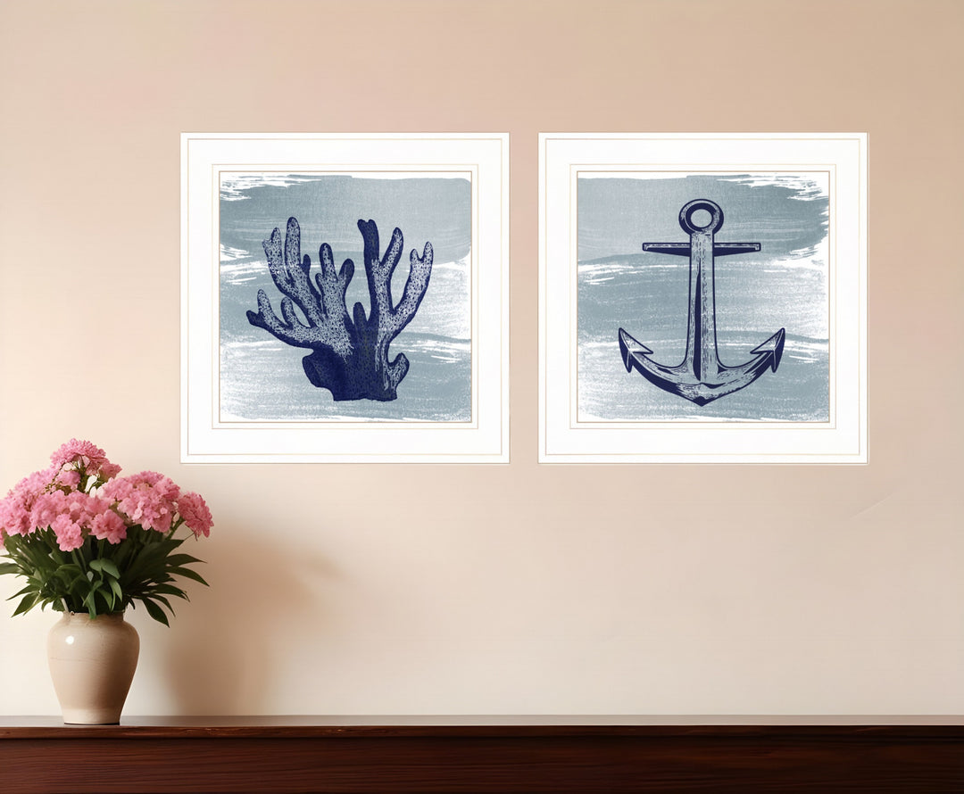 Set Of Two The Beach Coastal 1 White Framed Print Wall Art