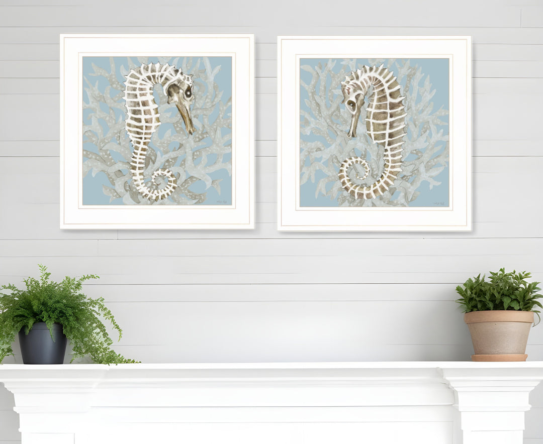 Set Of Two Coral Seahorse White Framed Print Wall Art