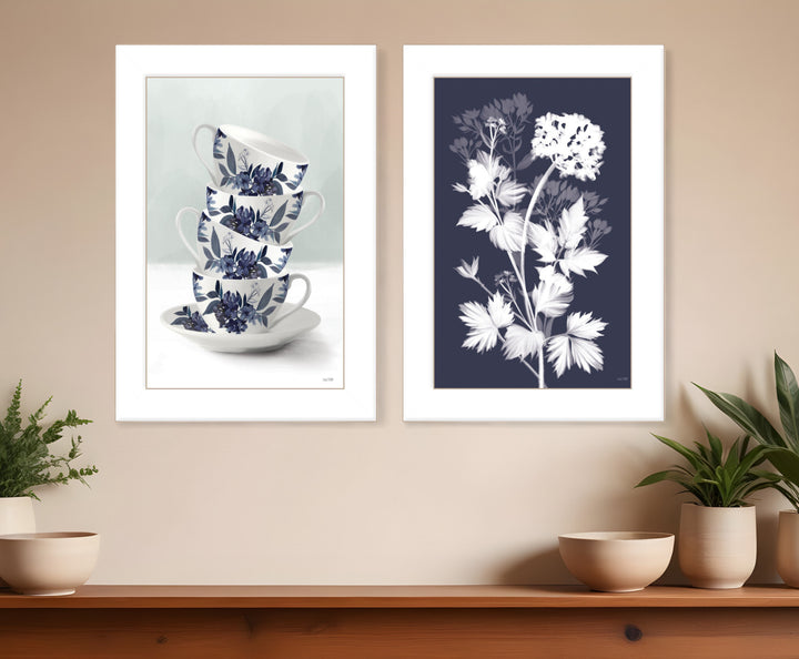 Set Of Two Tea Towers with Flowers Blue White Framed Print Kitchen Wall Art