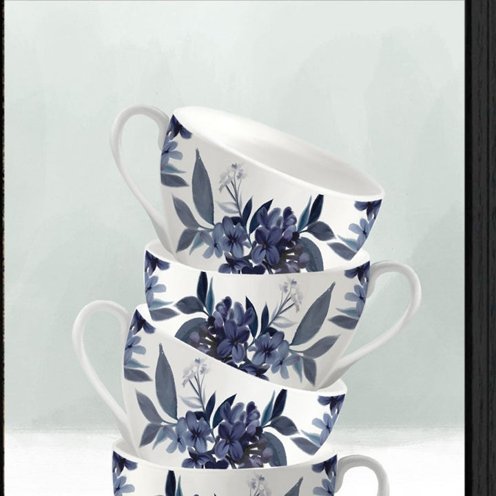 Set Of Two Tea Towers with Flowers Blue Black Framed Print Kitchen Wall Art