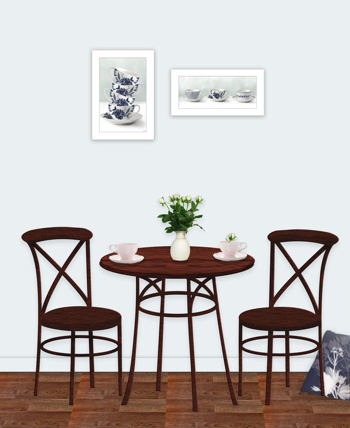 Set Of Two Tea tower with Cups and Sauces White Framed Print Kitchen Wall Art