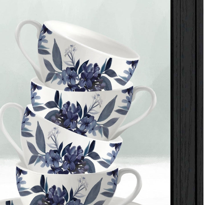 Set Of Two Tea tower with Cups and Sauces Black Framed Print Kitchen Wall Art