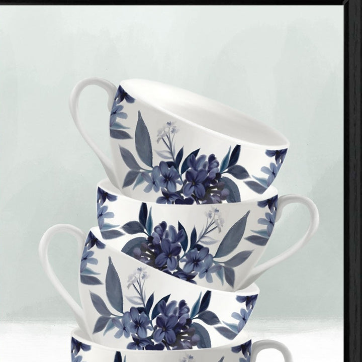 Set Of Two Tea tower with Cups and Sauces Black Framed Print Kitchen Wall Art