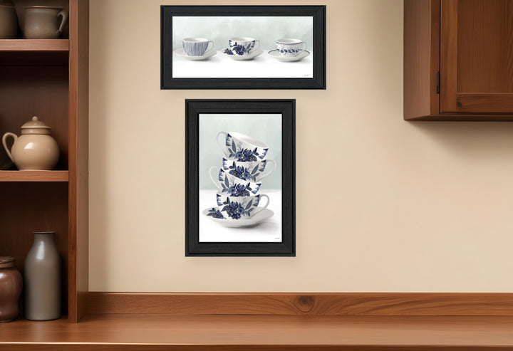 Set Of Two Tea tower with Cups and Sauces Black Framed Print Kitchen Wall Art