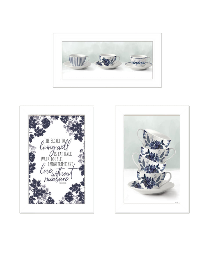 Set Of Three Tea tower with Cups and Sauces White Framed Print Kitchen Wall Art