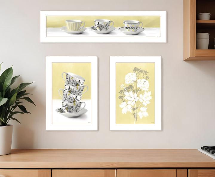 Set Of Three Tea Cups and Yellow Flowers White Framed Print Kitchen Wall Art