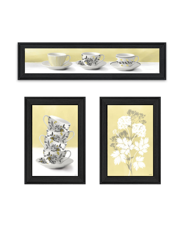 Set Of Three Tea Cups and Yellow Flowers Black Framed Print Kitchen Wall Art