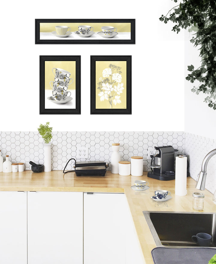 Set Of Three Tea Cups and Yellow Flowers Black Framed Print Kitchen Wall Art