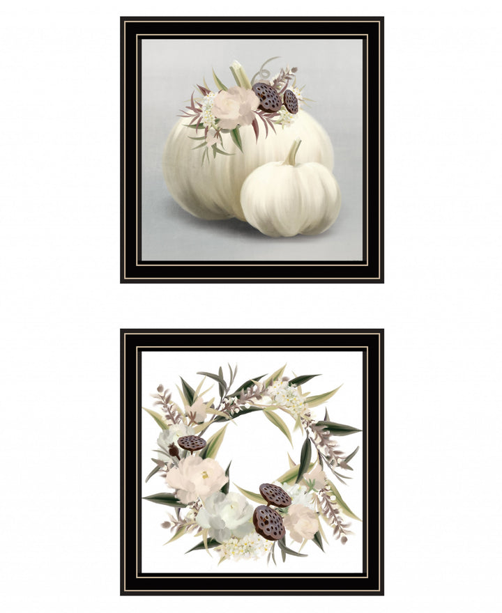 Set Of Two BOHO Pumpkins and Flowers 1 Black Framed Print Wall Art