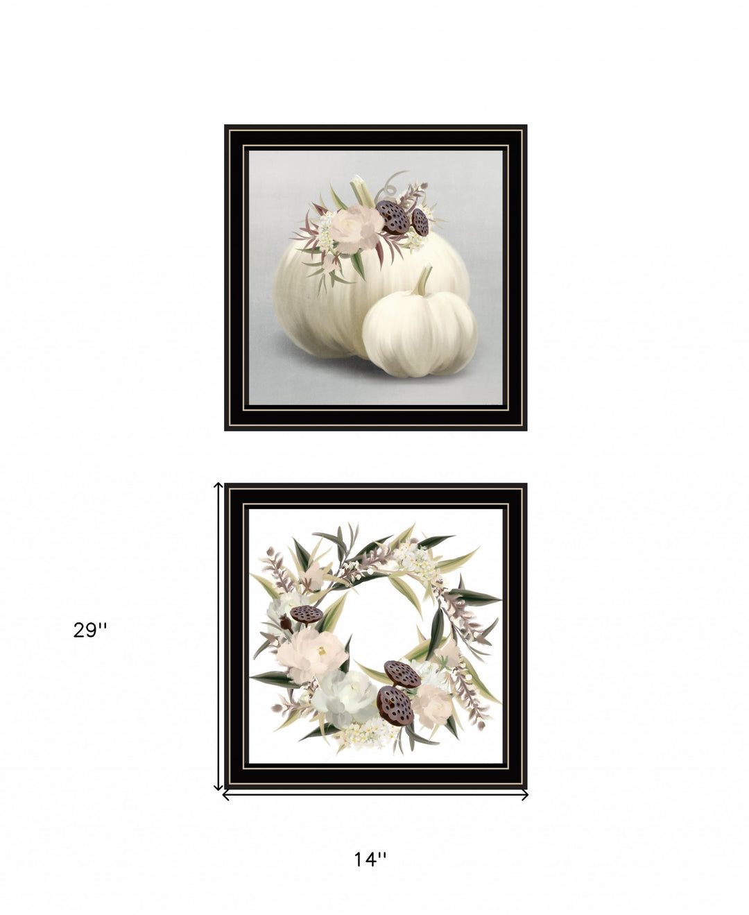 Set Of Two BOHO Pumpkins and Flowers 1 Black Framed Print Wall Art