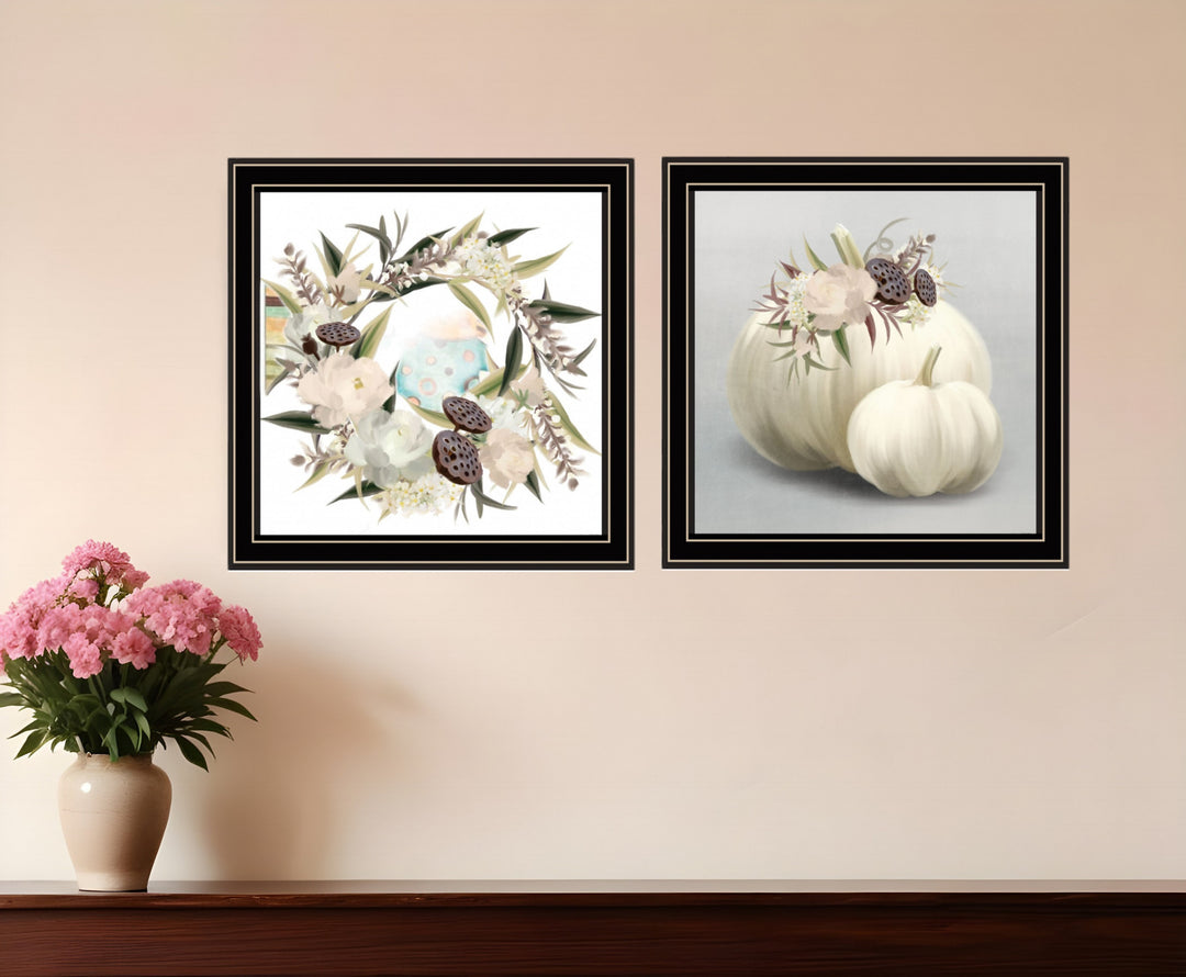 Set Of Two BOHO Pumpkins and Flowers 1 Black Framed Print Wall Art