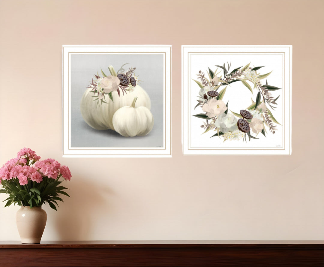 Set Of Two BOHO Pumpkins and Flowers 2 White Framed Print Wall Art