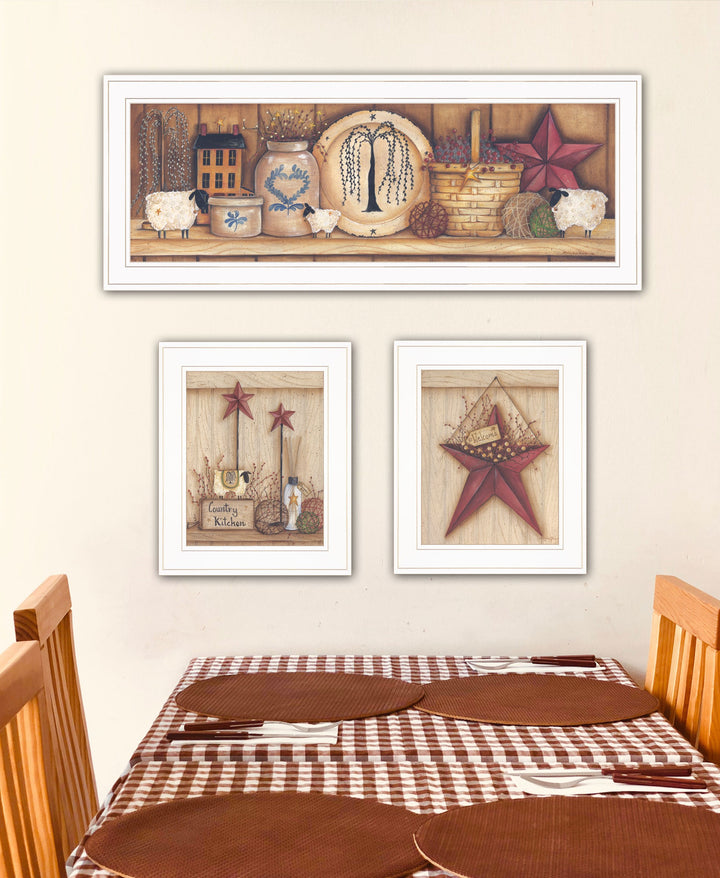 Set Of Three Country Shelf and Stars White Framed Print Wall Art