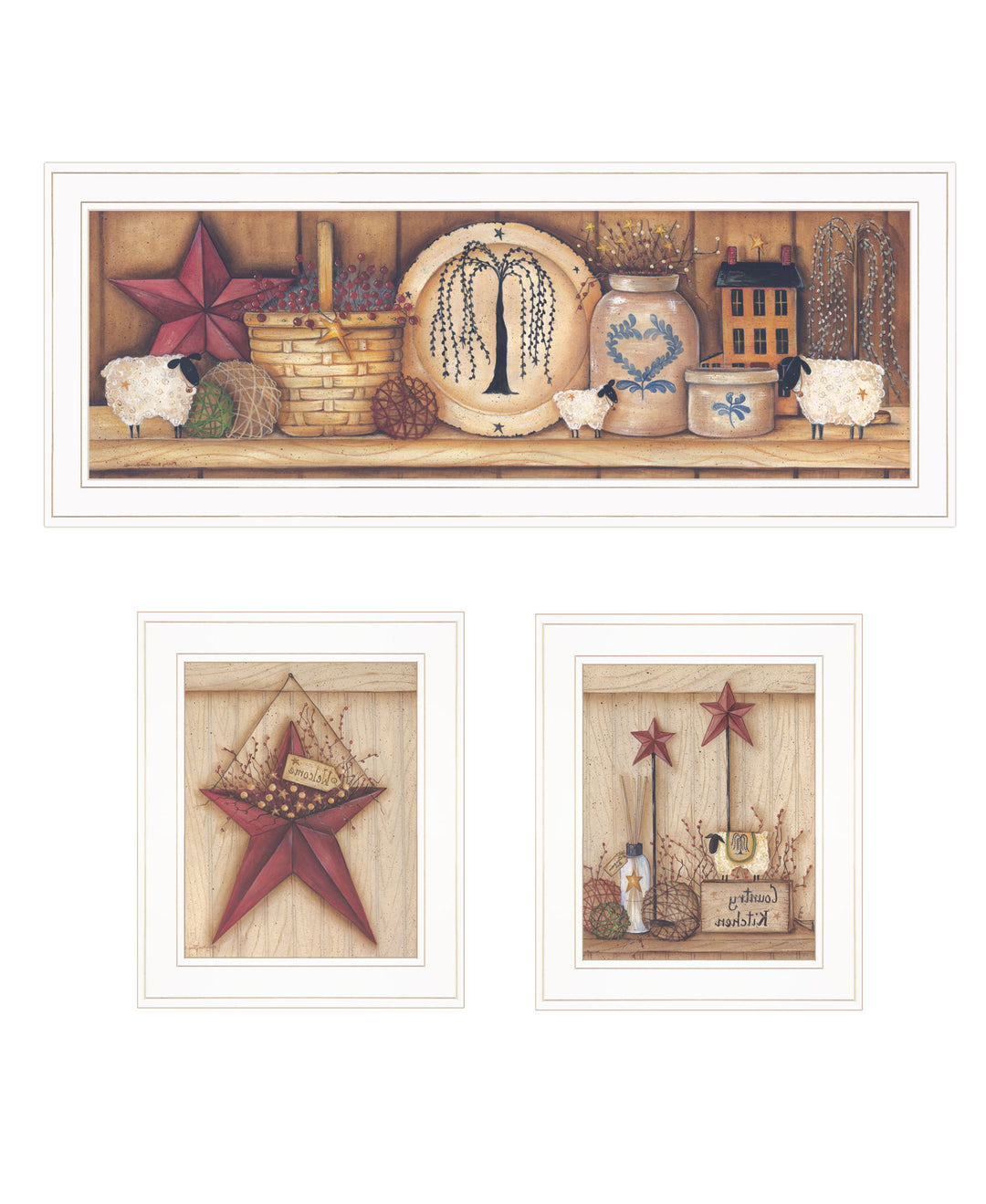 Set Of Three Country Shelf and Stars White Framed Print Wall Art