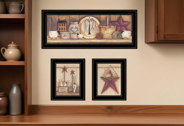 Set Of Three Country Shelf and Stars Black Framed Print Wall Art