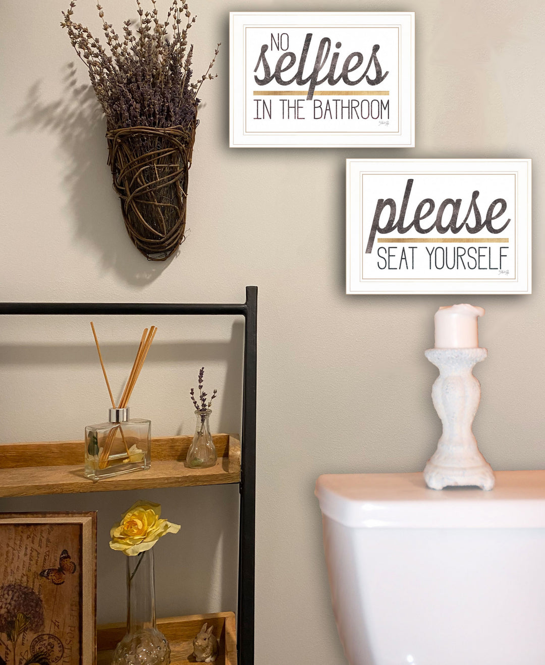 Set Of Two No Selfies When Seated 1 White Framed Print Bathroom Wall Art