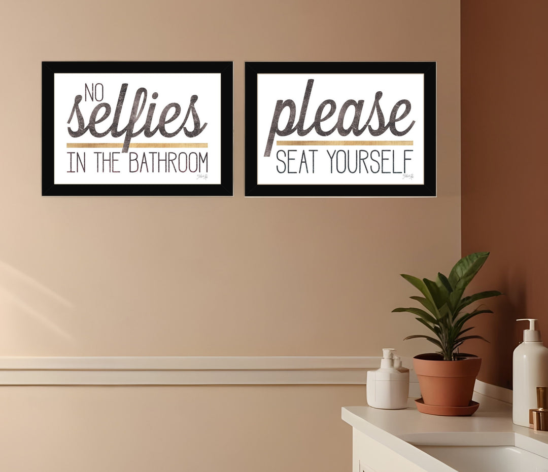 Set Of Two No Selfies When Seated 1 White Framed Print Bathroom Wall Art