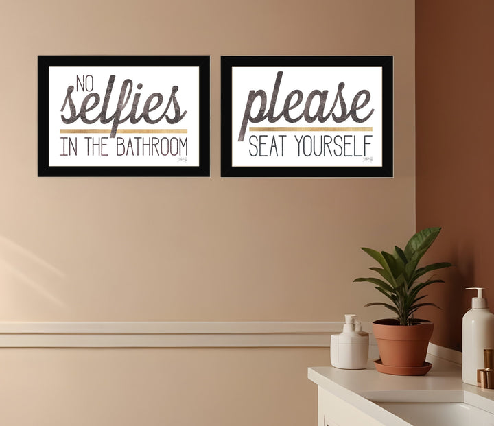 Set Of Two No Selfies When Seated 1 White Framed Print Bathroom Wall Art