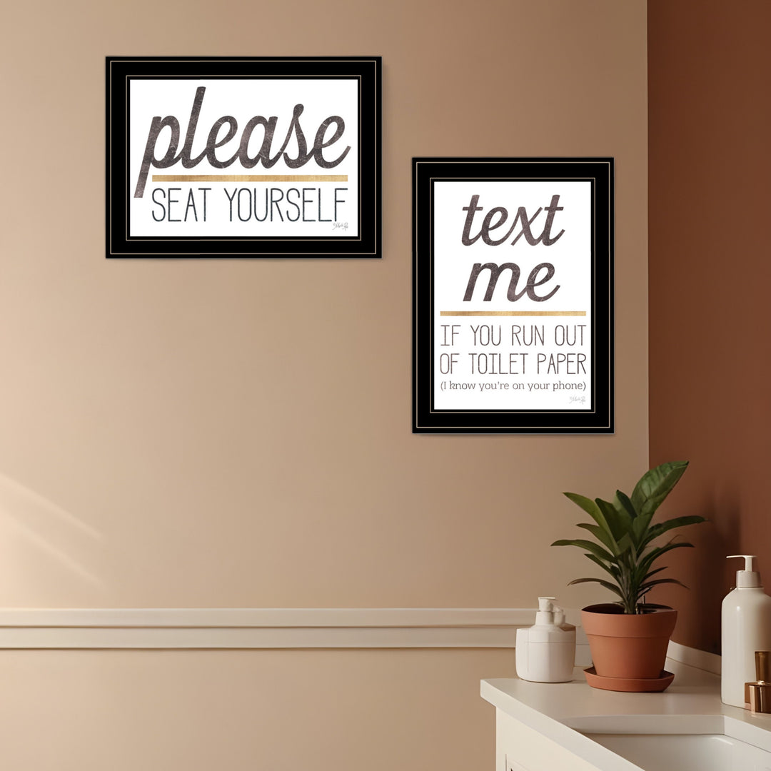 Set Of Two Text Me If You Run Out of Toilet Paper While Seated Black Framed Print Wall Art