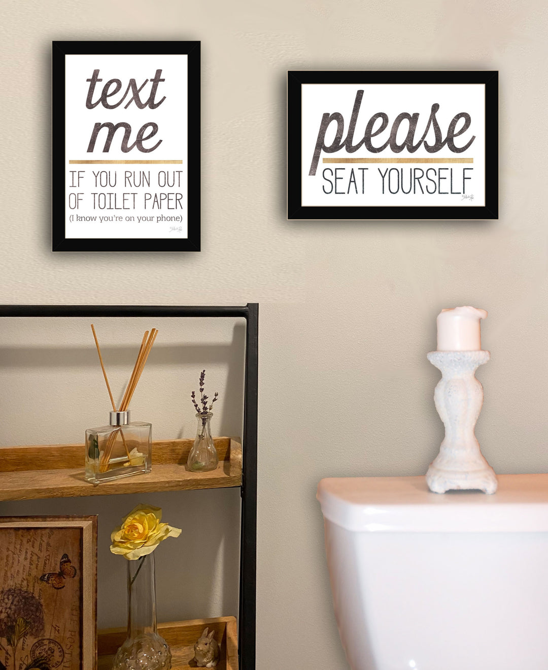 Set Of Two Text Me If You Run Out of Toilet Paper While Seated 1 White Framed Print Wall Art