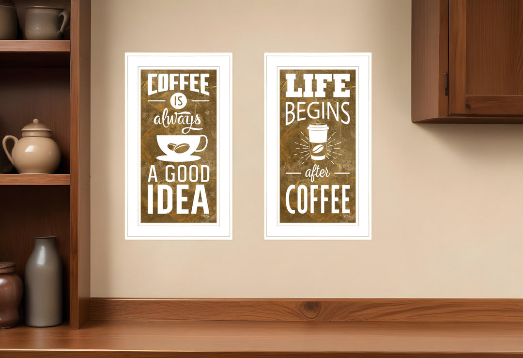 Set Of Two Life Begins and Ends With Coffee White Framed Print Wall Art