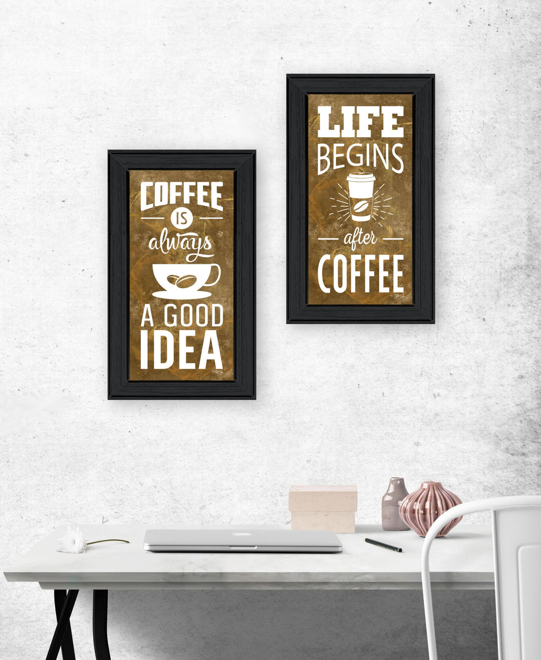 Set Of Two Life Begins and Ends With Coffee White Framed Print Wall Art