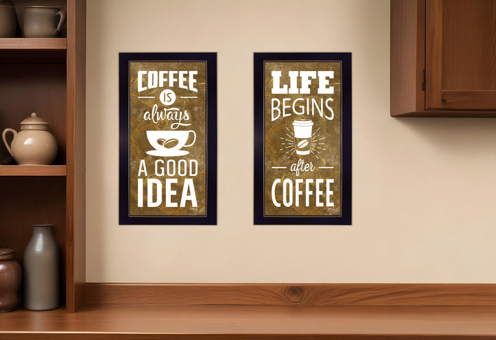 Set Of Two Life Begins and Ends With Coffee White Framed Print Wall Art