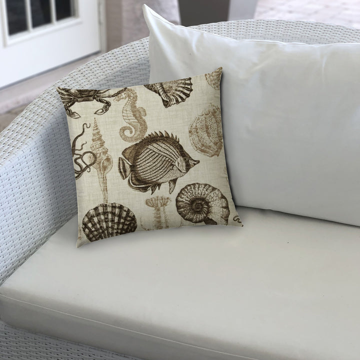 14" X 20" Brown And Natural Brown Seashells Blown Seam Nautical Lumbar Indoor Outdoor Pillow