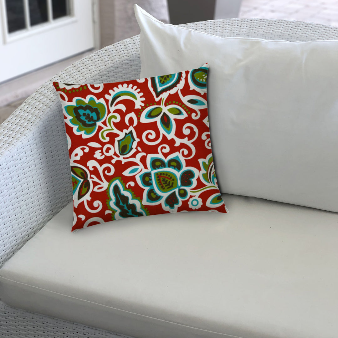 14" X 20" Read And Green Blown Seam Floral Lumbar Indoor Outdoor Pillow