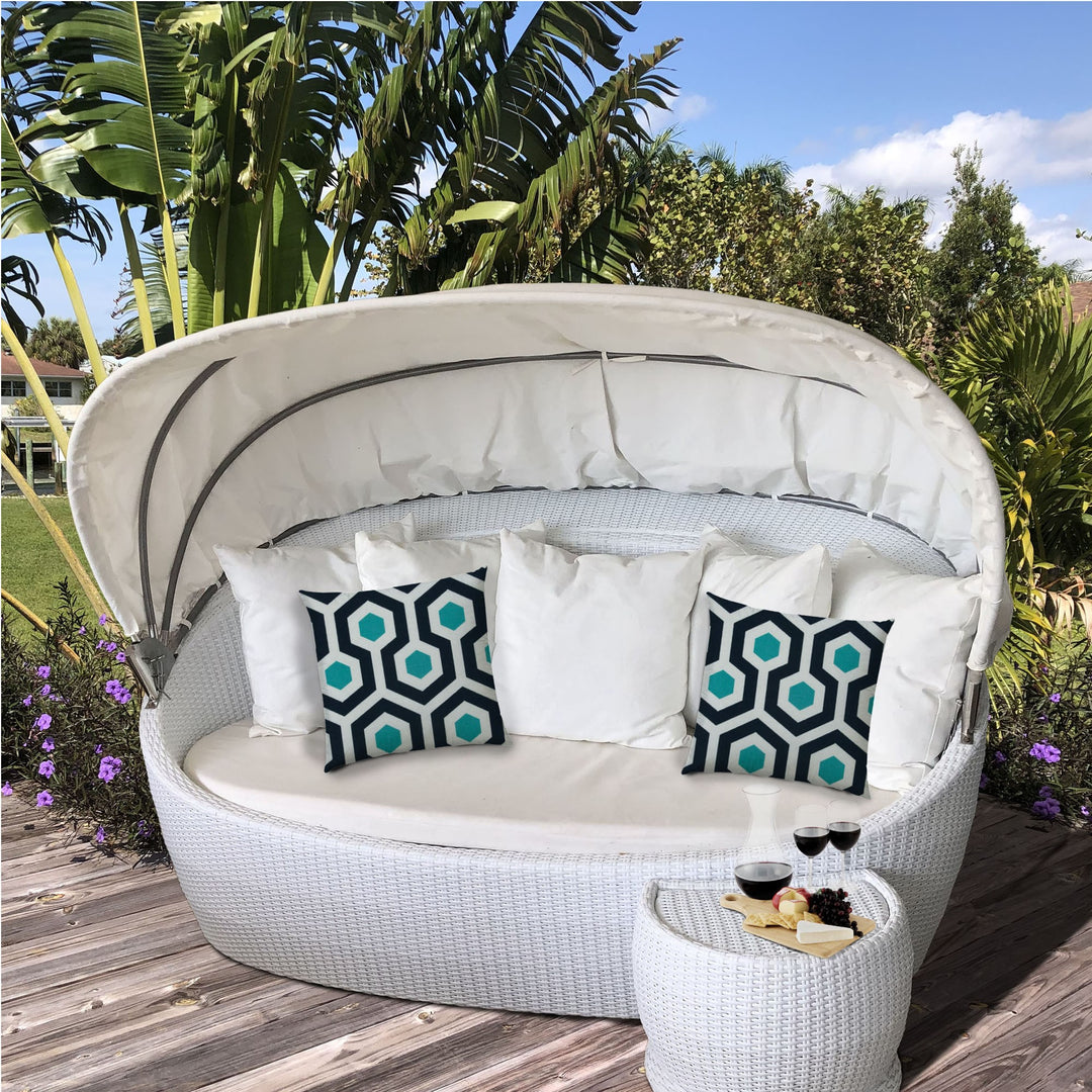 14" X 20" White And Aqua Blown Seam Geometric Lumbar Indoor Outdoor Pillow