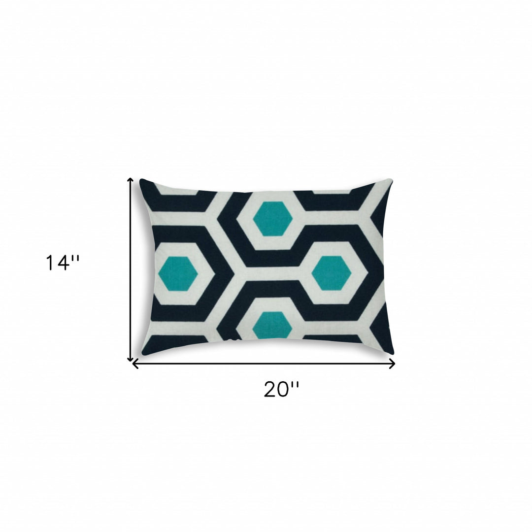 14" X 20" White And Aqua Blown Seam Geometric Lumbar Indoor Outdoor Pillow