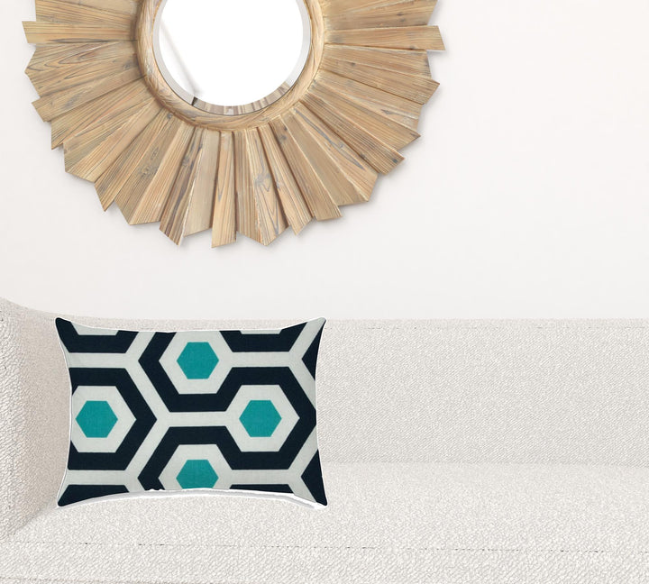 14" X 20" White And Aqua Blown Seam Geometric Lumbar Indoor Outdoor Pillow