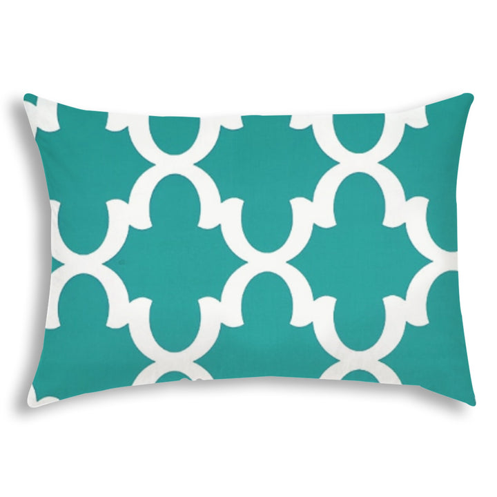 14" X 20" Turquoise And White Blown Seam Quatrefoil Lumbar Indoor Outdoor Pillow