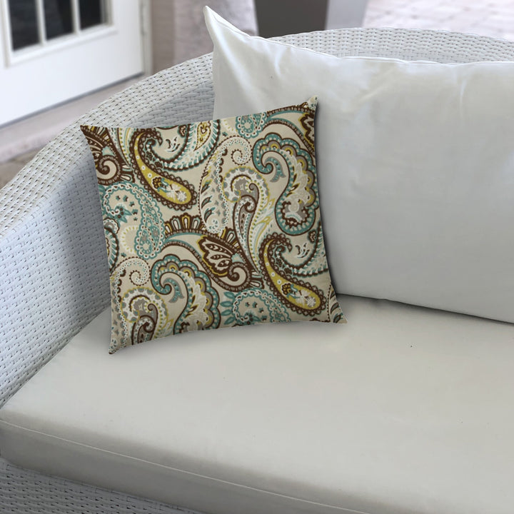 14" X 20" Brown And Teal Blown Seam Paisley Lumbar Indoor Outdoor Pillow