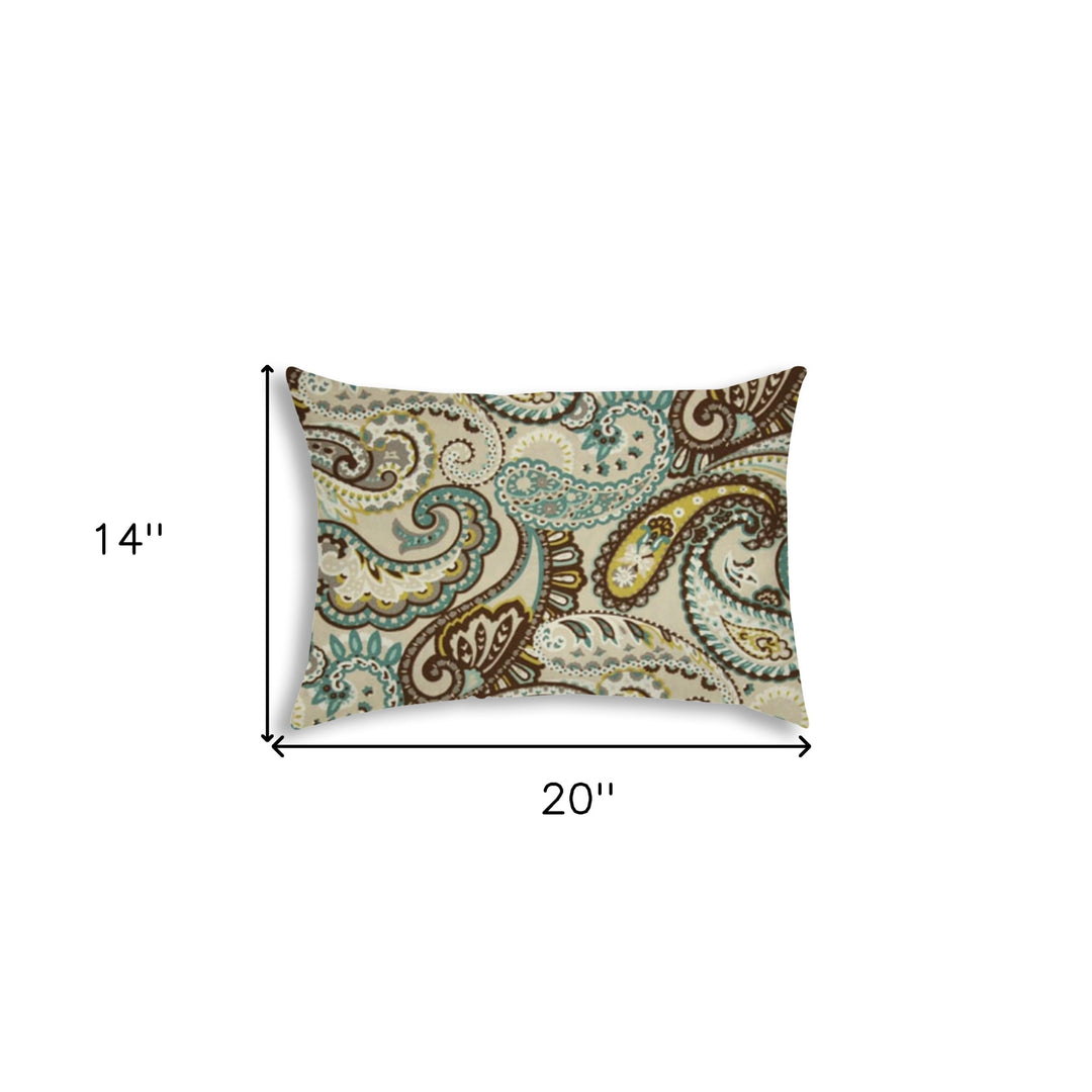 14" X 20" Brown And Teal Blown Seam Paisley Lumbar Indoor Outdoor Pillow