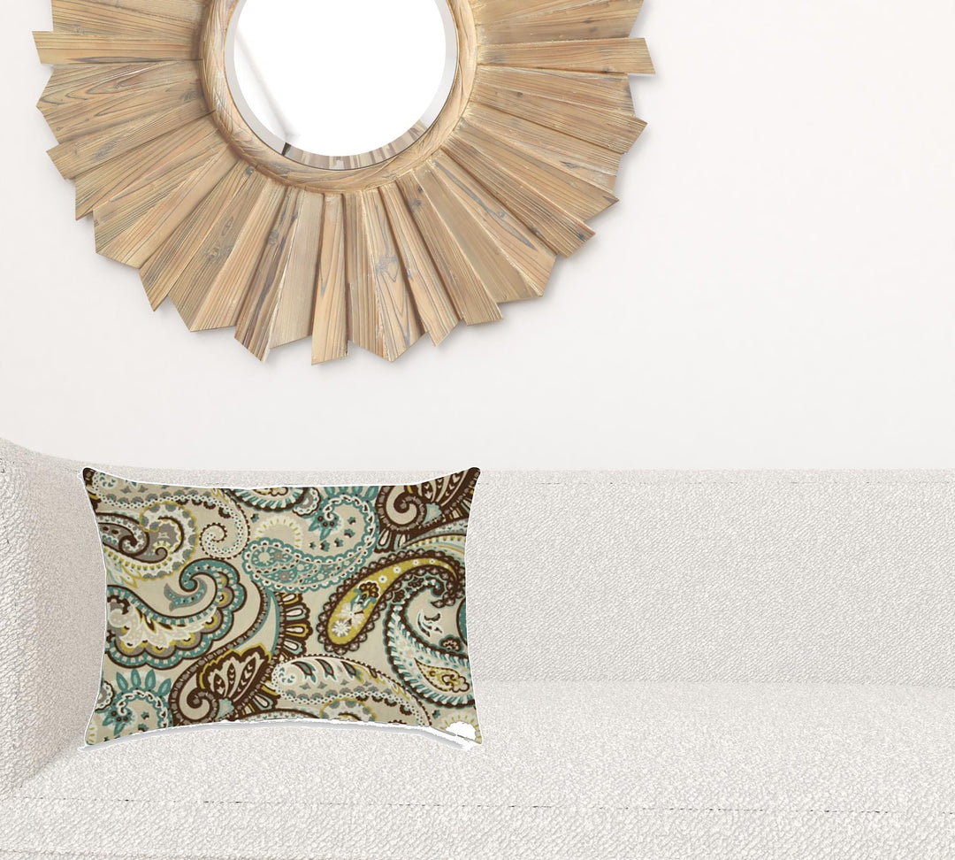 14" X 20" Brown And Teal Blown Seam Paisley Lumbar Indoor Outdoor Pillow