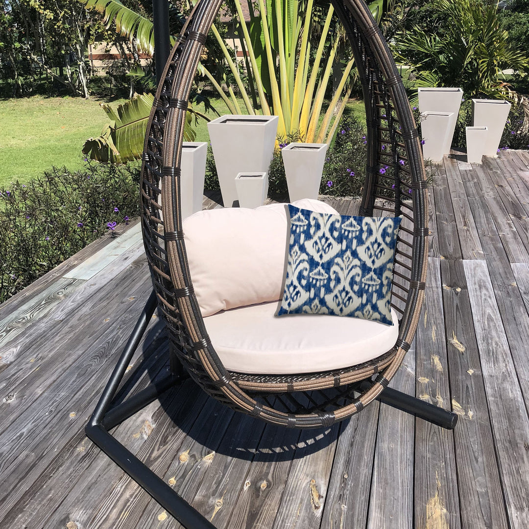 14" X 20" Indigo And Cream Blown Seam Ikat Lumbar Indoor Outdoor Pillow